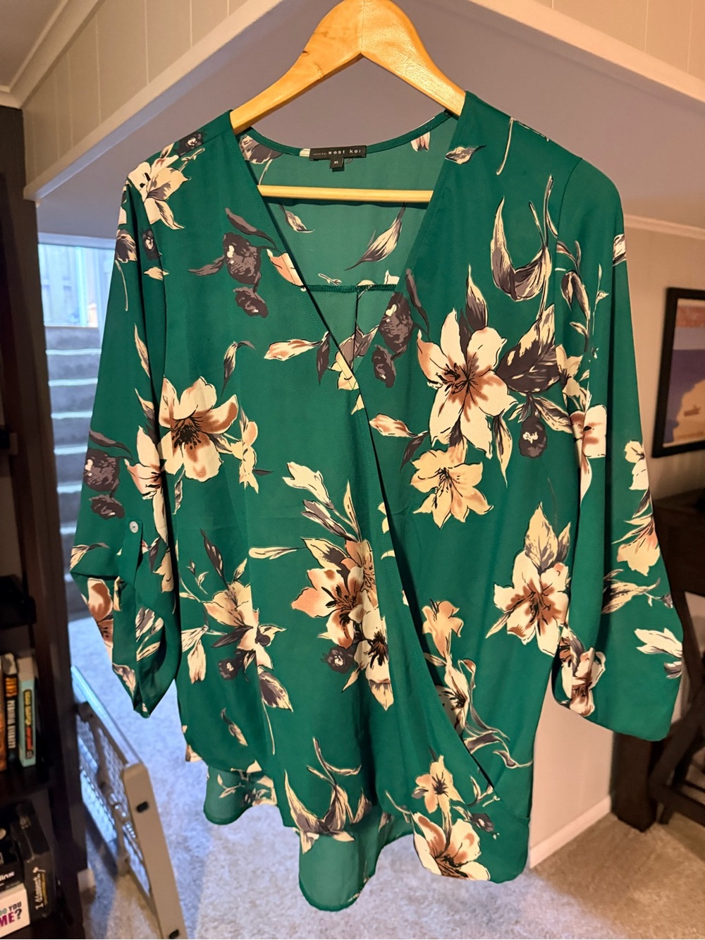 West Kei Green Floral Wrap Blouse